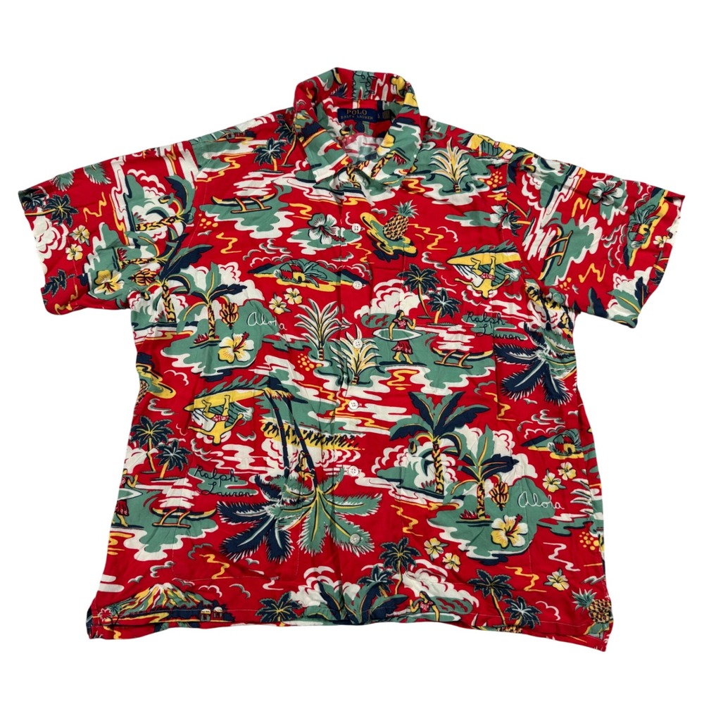Polo Ralph Lauren Hawaiian Shirt Mens L Red Tropical Surfer Print Aloha Camp